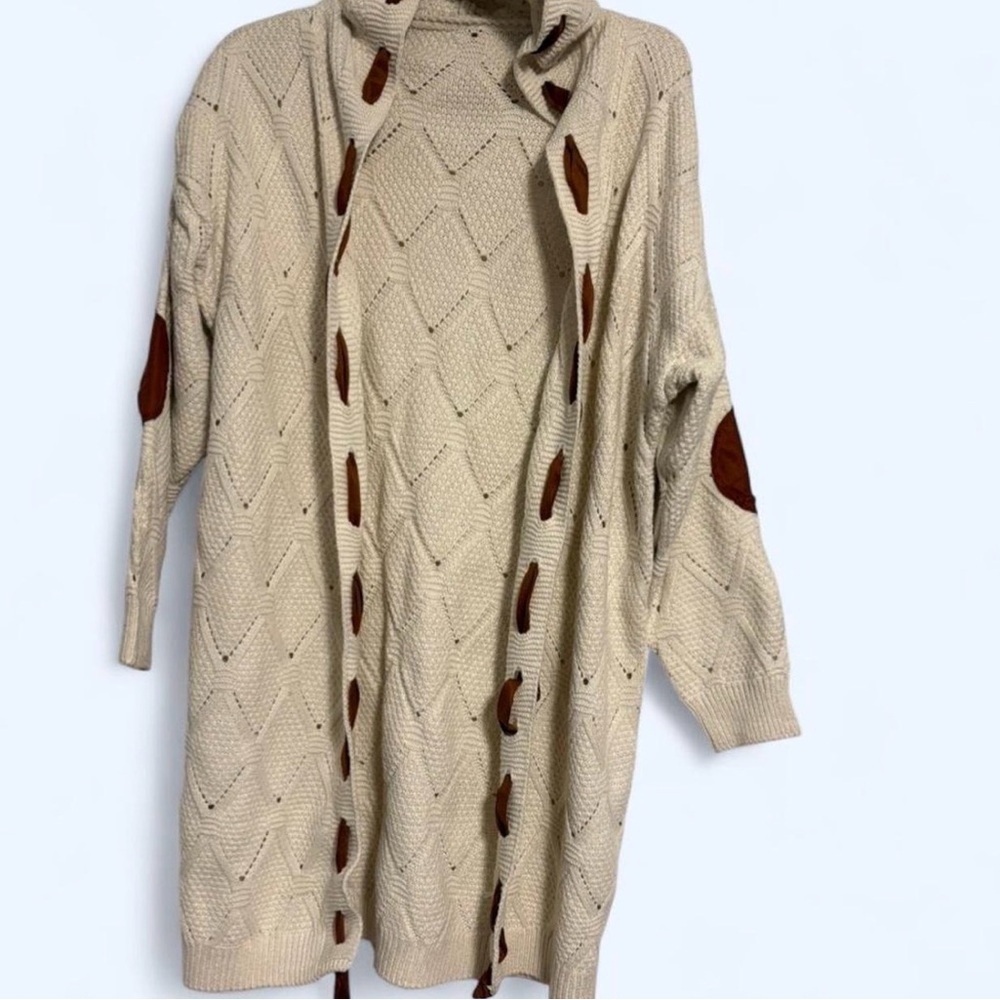 Cream Cable-Knit Open-Front Cardigan with Brown Elbow Patches
